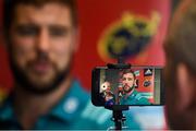 10 September 2018; Rhys Marshall is seen on a journalist's phone screen during a Munster Rugby press conference at the University of Limerick in Limerick. Photo by Diarmuid Greene/Sportsfile