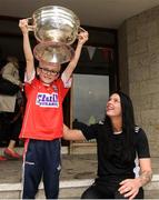 10 September 2018; Jack O'Brien, age 8, from Liscarroll, Cork, with Cork camogie player Aishling Thompson during the All-Ireland Senior Camogie Champions visit to Our Lady's Children's Hospital in Crumlin, Dublin. Photo by Eóin Noonan/Sportsfile