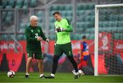 10 September 2018; Colin Doyle, in the company of goalkeeping coach Seamus McDonagh, reacts to picking up a hand injury during a Republic of Ireland training session at Municipal Stadium in Wroclaw, Poland. He continued during the session moments later after treatment. Photo by Stephen McCarthy/Sportsfile