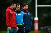 10 September 2018; Performance psychologist Dr Pieter Kruger, right, alongside head coach Johann van Graan and backline and attack coach Felix Jones during Munster Rugby squad training at the University of Limerick in Limerick. Photo by Diarmuid Greene/Sportsfile