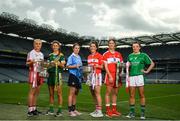 11 September 2018; In attendance at a photocall ahead of the TG4 All-Ireland Junior, Intermediate and Senior Ladies Football Championship Finals on Sunday next, are Junior, Intermediate and Senior finalists, from left, Neamh Woods of Tyrone, Niamh O'Sullivan of Meath, Sinead Aherne of Dublin, Ciara O'Sullivan of Cork, Kate Flood of Louth and Cathy Mee of Limerick. TG4 All-Ireland Ladies Football Championship Finals Captains Day at Croke Park, in Dublin. Photo by Eóin Noonan/Sportsfile