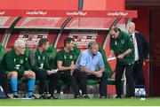 11 September 2018; Republic of Ireland manager Martin O'Neill, right, speaks with, from right to left, assistant coach Steve Walford, assistant manager Roy Keane, assistant coach Steve Guppy and goalkeeping coach Seamus McDonagh during the International Friendly match between Poland and Republic of Ireland at the Municipal Stadium in Wroclaw, Poland. Photo by Stephen McCarthy/Sportsfile