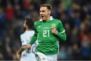 11 September 2018; Gavin Whyte of Northern Ireland celebrates after scoring his side's third goal during the International Friendly match between Northern Ireland and Israel at the National Football Stadium at Windsor Park in Belfast. Photo by Oliver McVeigh/Sportsfile