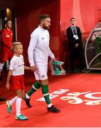 11 September 2018; Republic of Ireland captain Richard Keogh leads his side out during the International Friendly match between Poland and Republic of Ireland at the Municipal Stadium in Wroclaw, Poland. Photo by Stephen McCarthy/Sportsfile