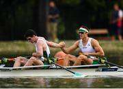 13 September 2018; Ronan Byrne, left, and Philip Doyle of Ireland congratulate each other following their victory in their Men's Double Sculls repechage race on day five of the World Rowing Championships in Plovdiv, Bulgaria. Photo by Seb Daly/Sportsfile