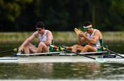 13 September 2018; Ronan Byrne, left, and Philip Doyle of Ireland react following their victory in their Men's Double Sculls repechage race on day five of the World Rowing Championships in Plovdiv, Bulgaria. Photo by Seb Daly/Sportsfile