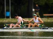 13 September 2018; Ronan Byrne, left, and Philip Doyle of Ireland congratulate each other following their victory in their Men's Double Sculls repechage race on day five of the World Rowing Championships in Plovdiv, Bulgaria. Photo by Seb Daly/Sportsfile