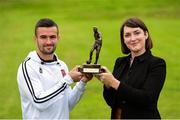 13 September 2018; Ruth Ryan, Marketing Specialist with SSE Airtricity presents Michael Duffy of Dundalk with his SSE Airtricity/SWAI Player of the Month award for August at DKIT, in Dundalk. Photo by Matt Browne/Sportsfile