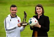 13 September 2018; Ruth Ryan, Marketing Specialist with SSE Airtricity presents Michael Duffy of Dundalk with his SSE Airtricity/SWAI Player of the Month award for August at DKIT, in Dundalk. Photo by Matt Browne/Sportsfile