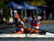 14 September 2018; Javier Garcia Ordonez, left, and Jaime Canalejo Pazos of Spain celebrate after finishing second in their Men's Pair semi-final on day six of the World Rowing Championships in Plovdiv, Bulgaria. Photo by Seb Daly/Sportsfile