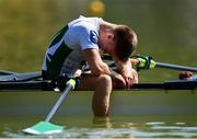 14 September 2018; Jacob McCarthy of Ireland reacts following his team's fifth place finish during their Lightweight Men's Quadruple Sculls final on day six of the World Rowing Championships in Plovdiv, Bulgaria. Photo by Seb Daly/Sportsfile