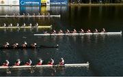 14 September 2018; Netherlands team, right, cross the line to win their Women's Eight repechage race on day six of the World Rowing Championships in Plovdiv, Bulgaria. Photo by Seb Daly/Sportsfile