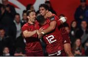 14 September 2018; Joey Carbery of Munster is congratulated by team-mates Darren Sweetnam, left, and Dan Goggin after scoring their side's second try during the Guinness PRO14 Round 3 match between Munster and Ospreys at Irish Independent Park in Cork. Photo by Brendan Moran/Sportsfile