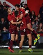 14 September 2018; Joey Carbery of Munster is congratulated by team-mates Darren Sweetnam, left, and Dan Goggin after scoring their side's second try during the Guinness PRO14 Round 3 match between Munster and Ospreys at Irish Independent Park in Cork. Photo by Brendan Moran/Sportsfile