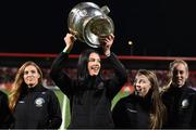 14 September 2018; Members of the victorious Cork All-Ireland winning camogie team, including Aisling Thompson, are presented to the crowd at half-time during the Guinness PRO14 Round 3 match between Munster and Ospreys at Irish Independent Park in Cork. Photo by Brendan Moran/Sportsfile