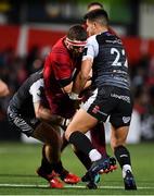 14 September 2018; Mike Sherry of Munster is tackled by Ifan Phillips and Tiaan Thomas-Wheeler of Ospreys during the Guinness PRO14 Round 3 match between Munster and Ospreys at Irish Independent Park in Cork. Photo by Brendan Moran/Sportsfile