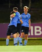 14 September 2018; Greg Sloggett, right, Daire O'Connor, left, and Gary O'Neill of UCD celebrate promotion to the SSE Airtricity League Premier Division, and winning the SSE Airtricity League First Division following the SSE Airtricity League First Division match between UCD and Finn Harps at the UCD Bowl in Dublin. Photo by Harry Murphy/Sportsfile