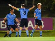 14 September 2018; Greg Sloggett, right, Daire O'Connor, left, and Gary O'Neill of UCD celebrate promotion to the SSE Airtricity League Premier Division, and winning the SSE Airtricity League First Division following the SSE Airtricity League First Division match between UCD and Finn Harps at the UCD Bowl in Dublin. Photo by Harry Murphy/Sportsfile
