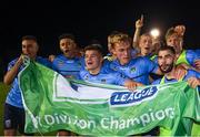 14 September 2018; UCD players celebrate promotion to the SSE Airtricity League Premier Division, and winning the SSE Airtricity League First Division, following the SSE Airtricity League First Division match between UCD and Finn Harps at the UCD Bowl in Dublin. Photo by Harry Murphy/Sportsfile