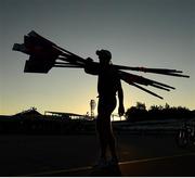 15 September 2018; A rower carries oars on his way to warm-up prior to racing on day seven of the World Rowing Championships in Plovdiv, Bulgaria. Photo by Seb Daly/Sportsfile