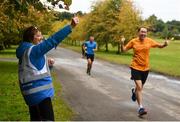 15 September 2018; parkrun Ireland in partnership with Vhi, added their 99th event on Saturday, 15th September, with the introduction of the Strokestown parkrun in Co. Roscommon. Pictured Run Director Patricia Rogers cheers on Michael Pierce from Cabinteely, Co. Dublin. parkruns take place over a 5km course weekly, are free to enter and are open to all ages and abilities, providing a fun and safe environment to enjoy exercise. To register for a parkrun near you visit www.parkrun.ie.  Photo by Harry Murphy/Sportsfile