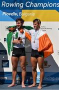 15 September 2018; Paul O'Donovan, left, and Gary O'Donovan of Ireland on the podium following their victory in the Lightweight Men's Double Sculls Final on day seven of the World Rowing Championships in Plovdiv, Bulgaria. Photo by Seb Daly/Sportsfile