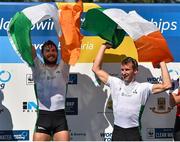 15 September 2018; Paul O'Donovan, left, and Gary O'Donovan of Ireland celebrate on the podium after winning the Lightweight Men's Double Sculls Final on day seven of the World Rowing Championships in Plovdiv, Bulgaria. Photo by Seb Daly/Sportsfile