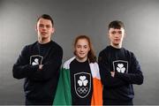 15 September 2018; A new name and logo have been unveiled for the National Olympic Committee (NOC) of the island of Ireland with a name change from The Olympic Council of Ireland to Olympic Federation of Ireland. A modernised Olympic crest will also be sported by the Team Ireland athletes for the first time at the Youth Olympic Games in Buenos Aires next month. The Team Ireland athletes at the Youth Olympic Games will be the first to sport the new logo. The Youth Olympic Games take place in the Buenos Aires, Argentina, from the 6 – 18 October 2018. Pictured after receiving their new gear ahead of the Games are, from left, karateist, Sean McCarthy, gymnast, Emma Slevin and boxer, Dean Clancy at the Irish Institute of Sport in Abbotstown, Dublin.  Photo by Eóin Noonan/Sportsfile