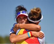 15 September 2018; Gianina-Elena Beleaga, left, and Ionele-Livia Cozmiuc of Romania celebrate after winning the Lightweight Women's Double Sculls Final on day seven of the World Rowing Championships in Plovdiv, Bulgaria. Photo by Seb Daly/Sportsfile