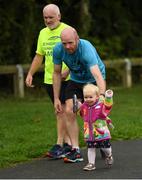 15 September 2018; parkrun Ireland in partnership with Vhi, added their 100th event on Saturday, 15th September, with the introduction of the Tyrrelstown parkrun in Co. Dublin. Pictured is Rose Martin, age 1, with her father, Gerard, and grandfather Anthony, from Erris. parkrun, Co Mayo. parkruns take place over a 5km course weekly, are free to enter and are open to all ages and abilities, providing a fun and safe environment to enjoy exercise. To register for a parkrun near you visit www.parkrun.ie. Photo by Piaras Ó Mídheach/Sportsfile