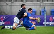 15 September 2018; Ronan Foley of Leinster A goes over to score his side's second try despite the tackle from Sion Bennett of Cardiff Blues during The Celtic Cup Round 2 match between Leinster A and Cardiff Blues at Energia Park in Donnybrook, Dublin.  Photo by David Fitzgerald/Sportsfile