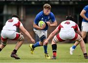 15 September 2018; Cian Prendergast of Leinster in action against Stephen Kelly, left, and Conor McMenamin of Ulster during the U19 Interprovincial Championship match between Ulster and Leinster at Newforge Country Club in Belfast. Photo by Oliver McVeigh/Sportsfile