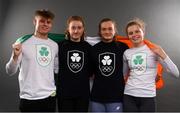 15 September 2018; A new name and logo have been unveiled for the National Olympic Committee (NOC) of the island of Ireland with a name change from The Olympic Council of Ireland to Olympic Federation of Ireland. A modernised Olympic crest will also be sported by the Team Ireland athletes for the first time at the Youth Olympic Games in Buenos Aires next month. The Team Ireland athletes at the Youth Olympic Games will be the first to sport the new logo. The Youth Olympic Games take place in the Buenos Aires, Argentina, from the 6 – 18 October 2018. Pictured after receiving their new gear ahead of the Games is swim Ireland team, from left, Robert Powell, Niamh Coyne, Mona McSharry and Tanya Watson at the Irish Institute of Sport in Abbotstown, Dublin.  Photo by Eóin Noonan/Sportsfile