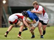 15 September 2018; Rory Wilson of Leinster is tackled by Adam Hanna, left, and Ryan O'Neill of Ulster during the U19 Interprovincial Championship match between Ulster and Leinster at Newforge Country Club in Belfast. Photo by Oliver McVeigh/Sportsfile