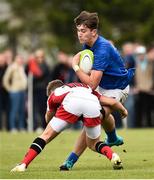 15 September 2018; Brian Deeny of Leinster is tackled by Thomas Armstrong of Ulster during the U19 Interprovincial Championship match between Ulster and Leinster at Newforge Country Club in Belfast. Photo by Oliver McVeigh/Sportsfile