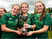 15 September 2018; Connacht captains, from left, Aoibheann Reilly, Emily Gavin and Beibhinn Parsons with the cup after winning the U18 Girls Interprovincial Championship match between Leinster and Connacht at Barnhall RFC in Parsonstown, Leixlip, Co. Kildare. Photo by Barry Cregg/Sportsfile