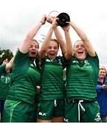 15 September 2018; Connacht captains, from left, Emily Gavin, Aoibheann Reilly and Beibhinn Parsons lift the cup after winning the U18 Girls Interprovincial Championship match between Leinster and Connacht at Barnhall RFC in Parsonstown, Leixlip, Co. Kildare. Photo by Barry Cregg/Sportsfile