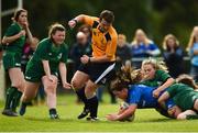 15 September 2018; Meadbh Scally of Leinster scores her side's second try despite being tackled by Emily Gavin, left, and Lily Brady, right, of Connacht during the U18 Girls Interprovincial Championship match between Leinster and Connacht at Barnhall RFC in Parsonstown, Leixlip, Co. Kildare. Photo by Barry Cregg/Sportsfile