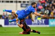 15 September 2018; Robbie Henshaw of Leinster passes off the ball as he is tackled by Josh Lewis of Dragons during the Guinness PRO14 Round 3 match between Leinster and Dragons at the RDS Arena in Dublin. Photo by Brendan Moran/Sportsfile