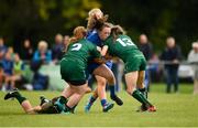 15 September 2018; Kathryn Dempsey of Leinster is tackled by Claudia McNicholas, left, and Beibheann Parsons, right of Connacht during the U18 Girls Interprovincial Championship match between Leinster and connacht at Barnhall RFC in Parsonstown, Leixlip, Co. Kildare. Photo by Barry Cregg/Sportsfile