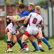 15 September 2018; Thomas Armstrong of Ulster is tackled by Luis Faria and Matthew Jungmann of Leinster during the U19 Interprovincial Championship match between Ulster and Leinster at Newforge Country Club in Belfast. Photo by Oliver McVeigh/Sportsfile