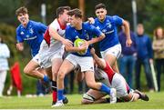 15 September 2018; David O’Brien of Leinster is tackled by Ben Power of Ulster during the U19 Interprovincial Championship match between Ulster and Leinster at Newforge Country Club in Belfast. Photo by Oliver McVeigh/Sportsfile