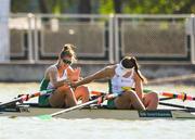 16 September 2018; Monika Dukarska, left, and Aileen Crowley of Ireland congratulat each other after winning their Women's Double Sculls C Final on day eight of the World Rowing Championships in Plovdiv, Bulgaria. Photo by Seb Daly/Sportsfile