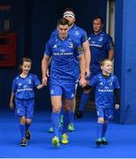 15 September 2018; Mascots Nina Merry and James O'Reilly with Leinster captain Jonathan Sexton prior to the Guinness PRO14 Round 3 match between Leinster and Dragons at the RDS Arena in Dublin. Photo by Brendan Moran/Sportsfile