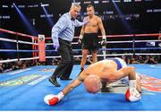 15 September 2018; David Lemieux knocks Spike O'Sullivan to the canvas during their middlewieght bout at the T-Mobile Arena in Las Vegas, Nevada, USA. Photo by Tom Hogan/Golden Boy Promotions via Sportsfile