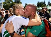 16 September 2018; Sanita Puspure of Ireland receives a kiss from her husband Kaspar Puspure after winning the Women's Single Sculls Final on day eight of the World Rowing Championships in Plovdiv, Bulgaria. Photo by Seb Daly/Sportsfile