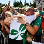 16 September 2018; Sanita Puspure of Ireland is congratulated by her husband Kaspar Puspure after winning the Women's Single Sculls Final on day eight of the World Rowing Championships in Plovdiv, Bulgaria. Photo by Seb Daly/Sportsfile