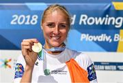 16 September 2018; Sanita Puspure of Ireland celebrates with her Gold medal following her victory in the Women's Single Sculls Final on day eight of the World Rowing Championships in Plovdiv, Bulgaria. Photo by Seb Daly/Sportsfile