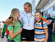 16 September 2018; Sanita Puspure of Ireland celebrates with her children Daniela, age ten, and Patrick, age eleven, following her victory in the Women's Single Sculls Final on day eight of the World Rowing Championships in Plovdiv, Bulgaria. Photo by Seb Daly/Sportsfile