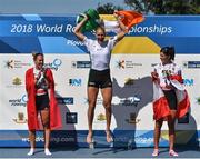 16 September 2018; Sanita Puspure of Ireland, centre, celebrates on the podium following her victory in the Women's Single Sculls Final on day eight of the World Rowing Championships in Plovdiv, Bulgaria. Photo by Seb Daly/Sportsfile